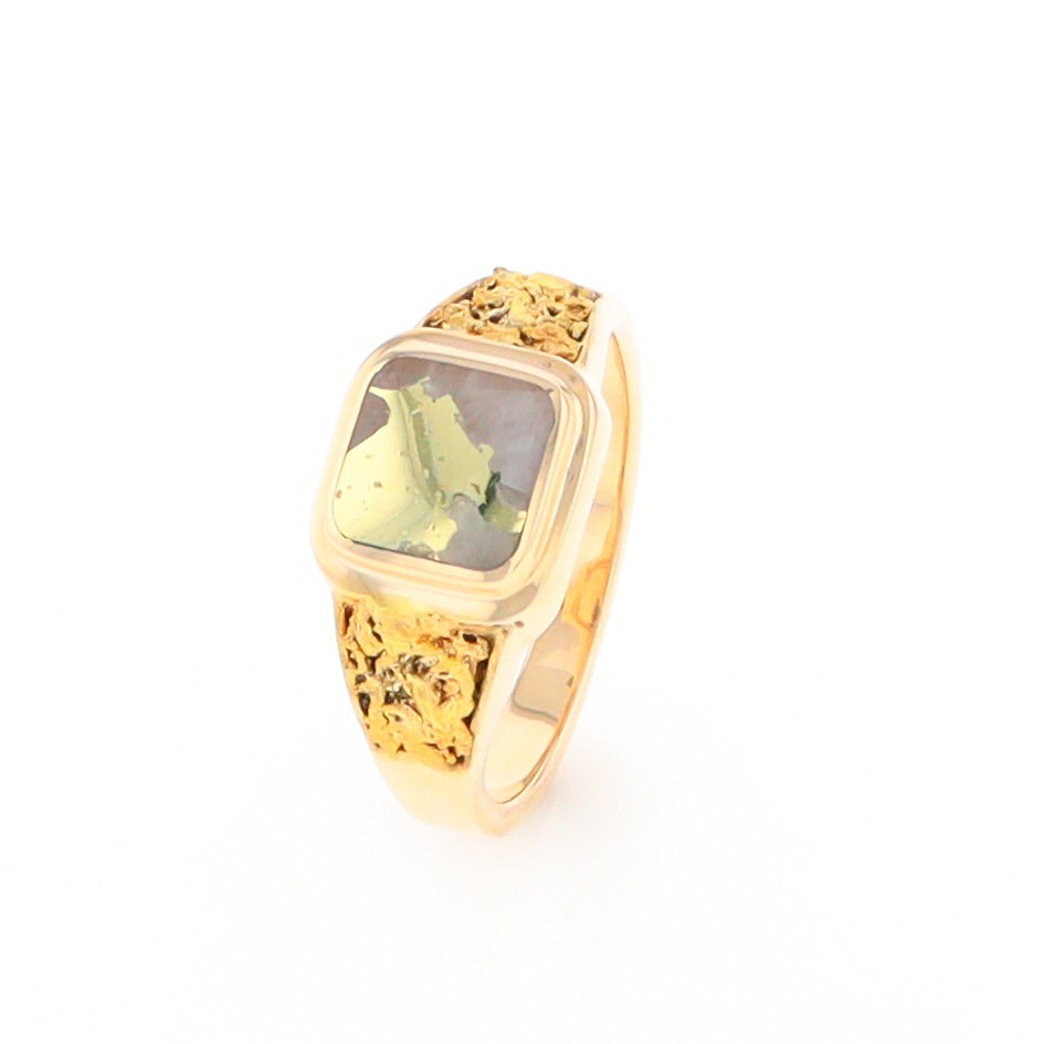 Gold Quartz Ring Square Inlaid Design Double Natural Nugget Sides