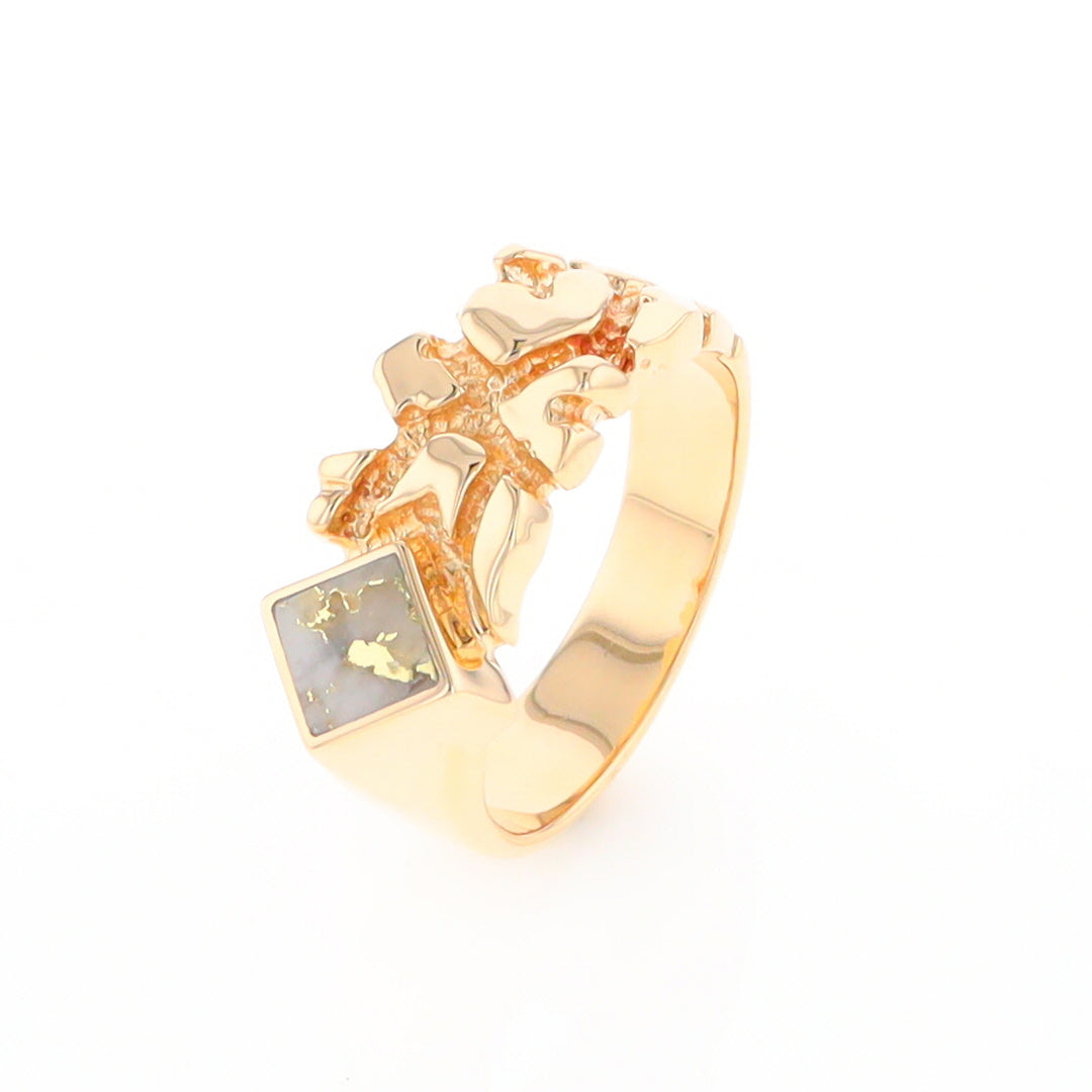 Gold Quartz Ring Diamond Shape Inlay Nugget Design Band