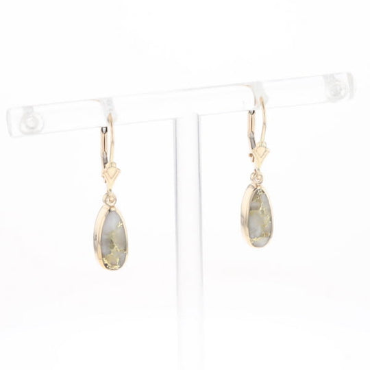 Gold Quartz Earrings Tear Drop Inlaid Lever Backs