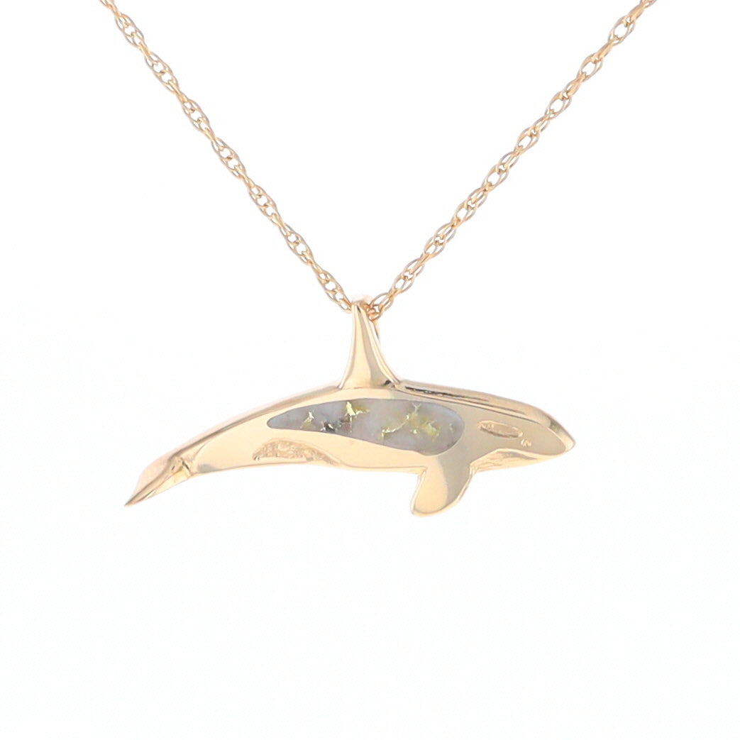 Gold Quartz Necklace Orca Killer Whale Inlaid Sea Life Pendant