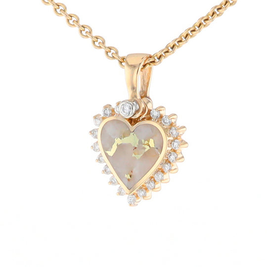 G2 Gold Quartz Pendant Heart Inlaid .21ctw Diamond Halo Design Pendant