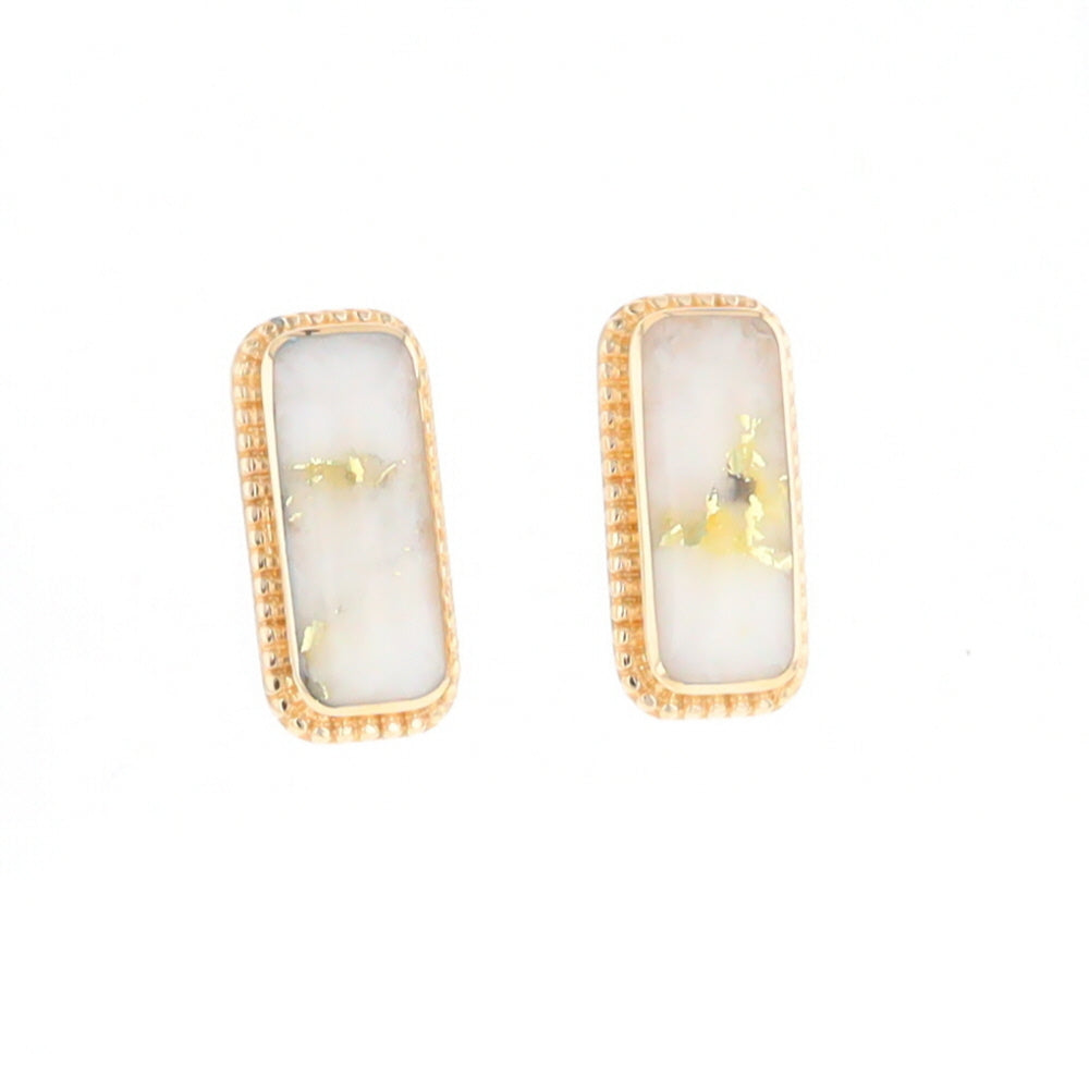 Gold Quartz Earrings Rectangle Inlaid Milgrain Design - G2