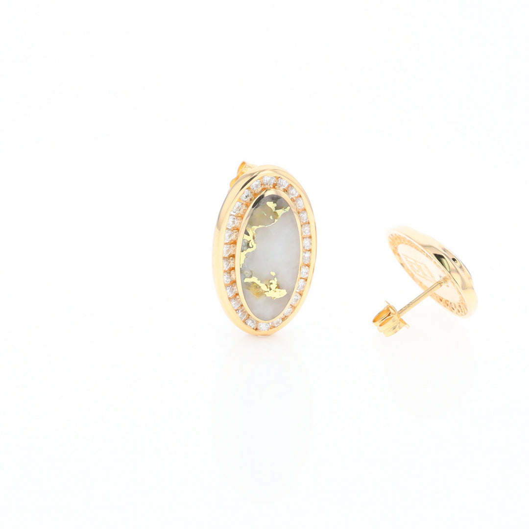 Gold Quartz Earrings Oval Inlaid Design .73ctw Round Diamonds Halo