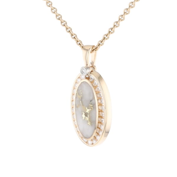 Gold Quartz Necklace .37ctw Halo Diamond Oval Inlaid Pendant