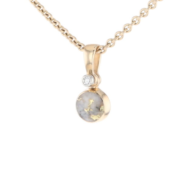 Gold Quartz Necklace Round Inlaid Pendant with .02ct Round Diamond