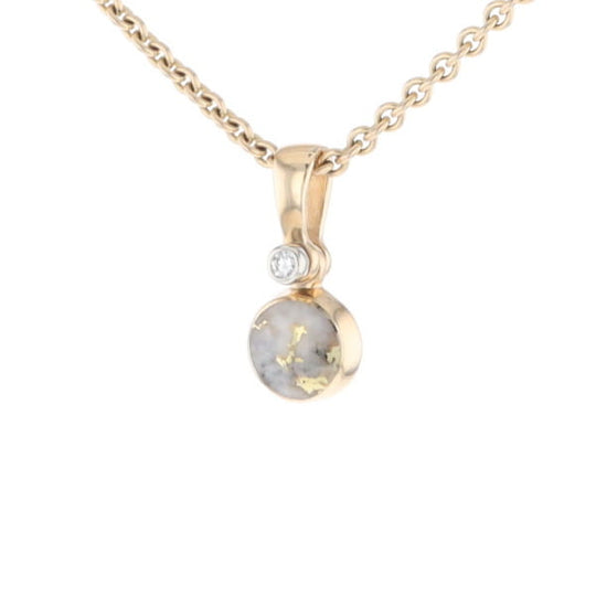 Gold Quartz Necklace Round Inlaid Pendant with .02ct Round Diamond