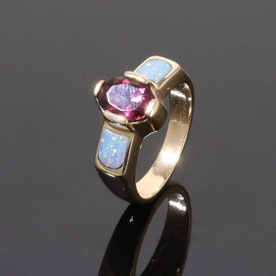 Opal Rings 2 Section Inlaid Design with Oval Pink Tourmaline