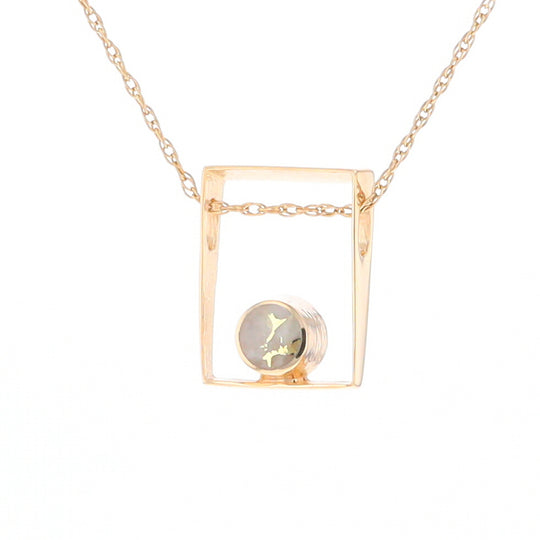 Gold Quartz Necklace Round Inlay Open Rectangle Design Pendant