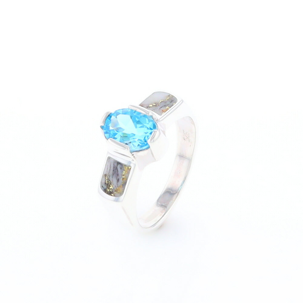 Sterling Silver Gold Quartz Inlaid Oval Blue Topaz Ring - G3