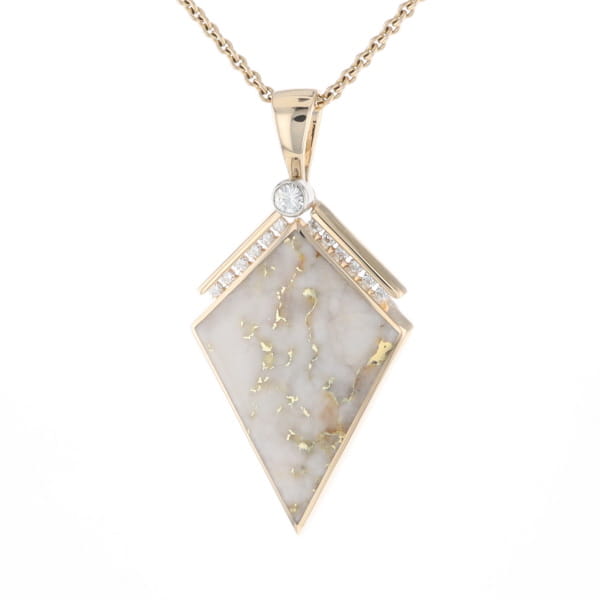 Gold Quartz Necklace Kite Shape Inlaid Pendant with .27ctw Diamonds