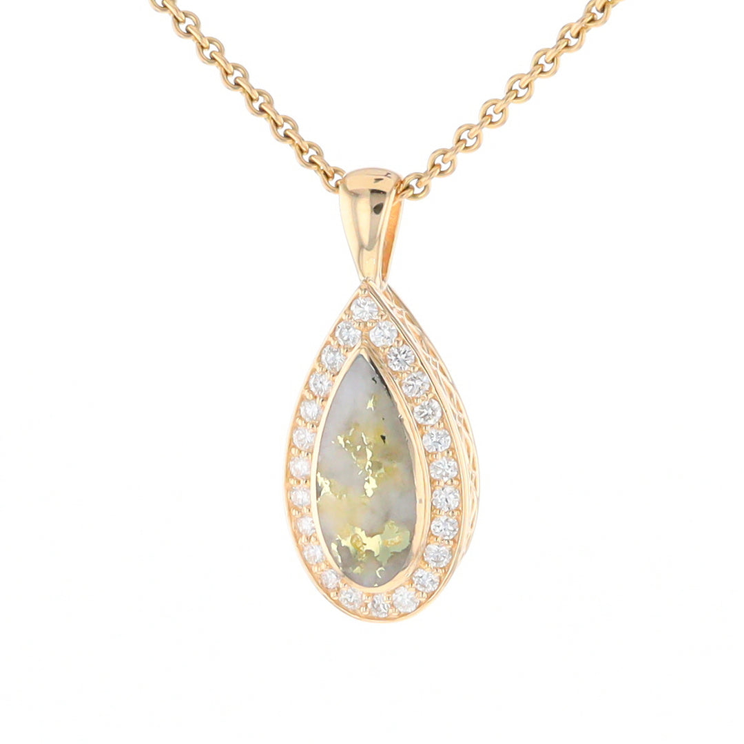 Gold Quartz Pendant Tear Drop Inlaid .42ctw Diamond Halo Design