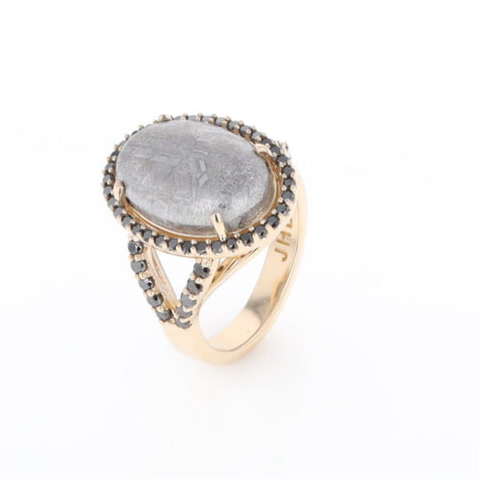 Meteorite Ring Oval Cabochon 0.65ctw Round Black Diamonds Halo