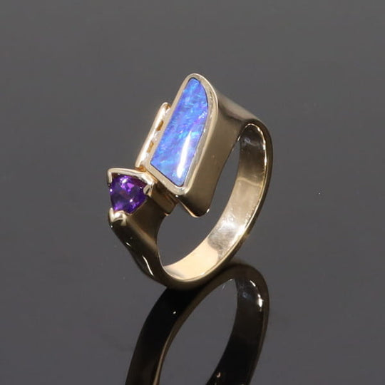 Opal Rings Geometric Inlaid with Amethyst and .08ctw Diamonds