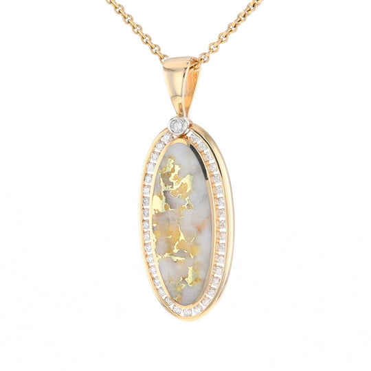 Gold Quartz Necklace .54ctw Halo Diamond Oval Inlaid Pendant