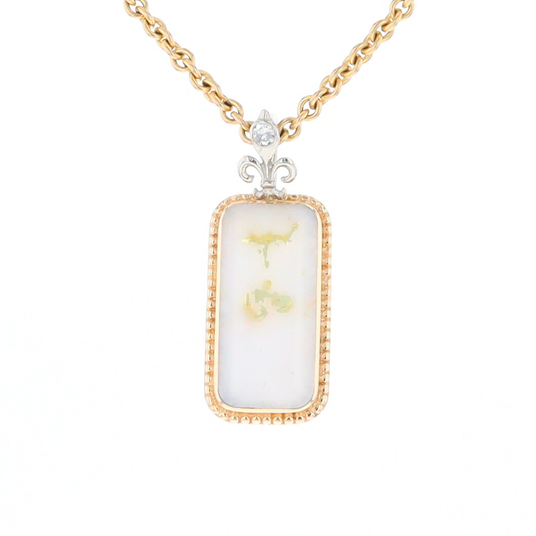 Gold Quartz Necklace, Rectangle Inlaid Fleur De Lis Design with .02ctw Diamond Pendant