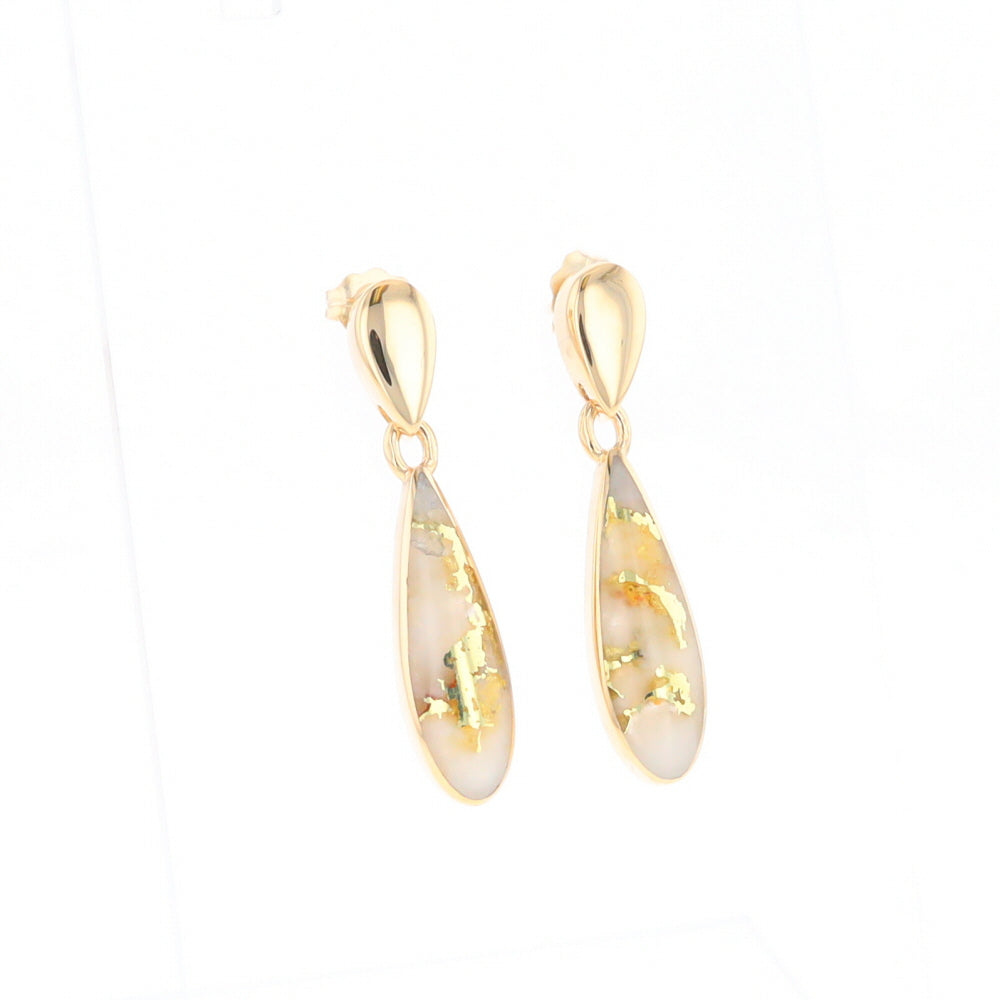 Gold Quartz Earrings Tear Drop Inlaid Design