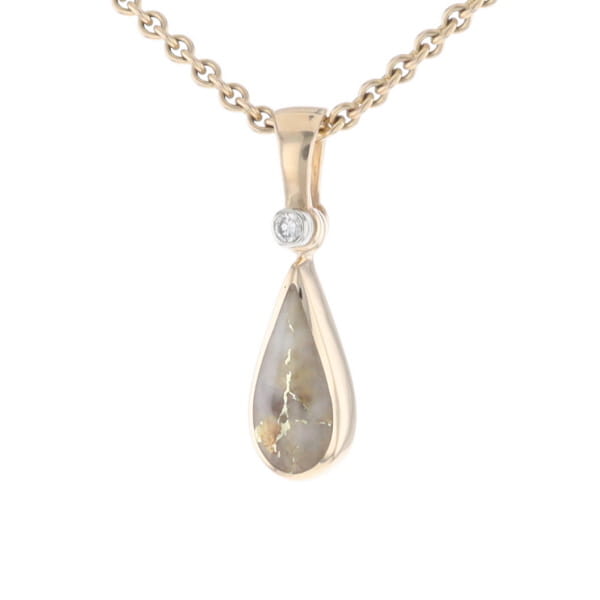 Gold Quartz Pendant Tear Drop Inlaid Design with .02ct Diamond