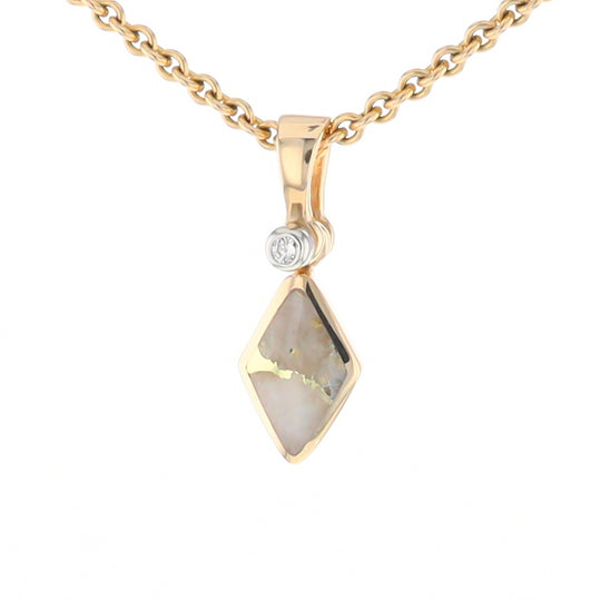 Gold Quartz Necklace Diamond Shape Inlaid Pendant with .02ct Diamond