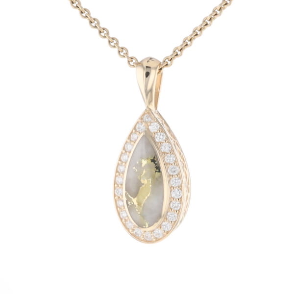 Gold Quartz Pendant Tear Drop Inlaid .42ctw Diamond Halo Design
