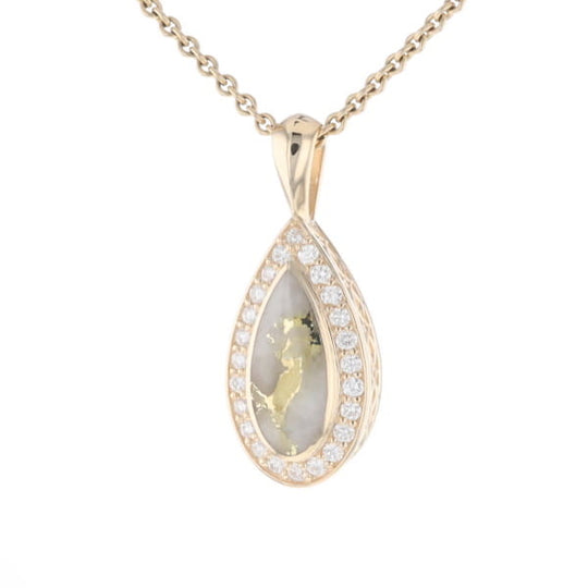 Gold Quartz Pendant Tear Drop Inlaid .42ctw Diamond Halo Design