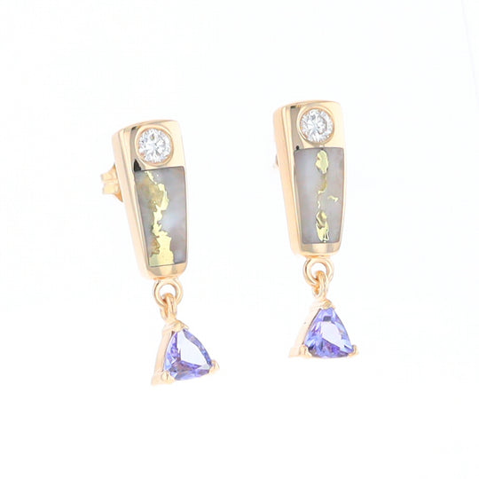 Gold Quartz Earrings Rectangle Inlaid Design with 0.11ct Diamonds & Trillion Cut Tanzanite