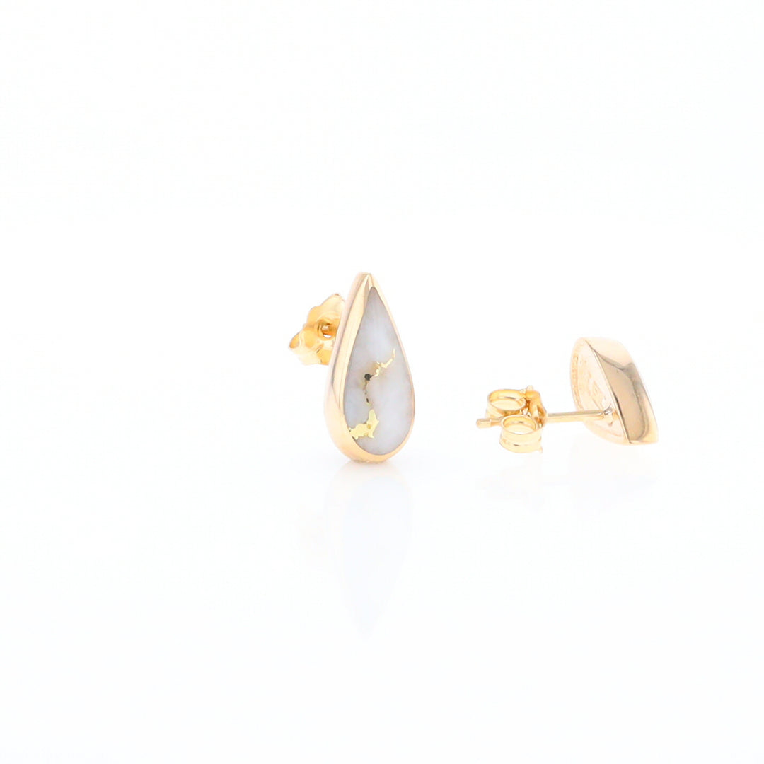 Gold Quartz Earrings Tear Drop Inlaid Studs