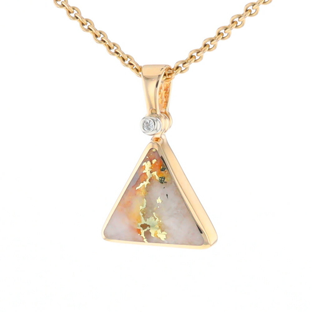 Gold Quartz Necklace Triangle Inlaid Pendant with .02ct Diamond