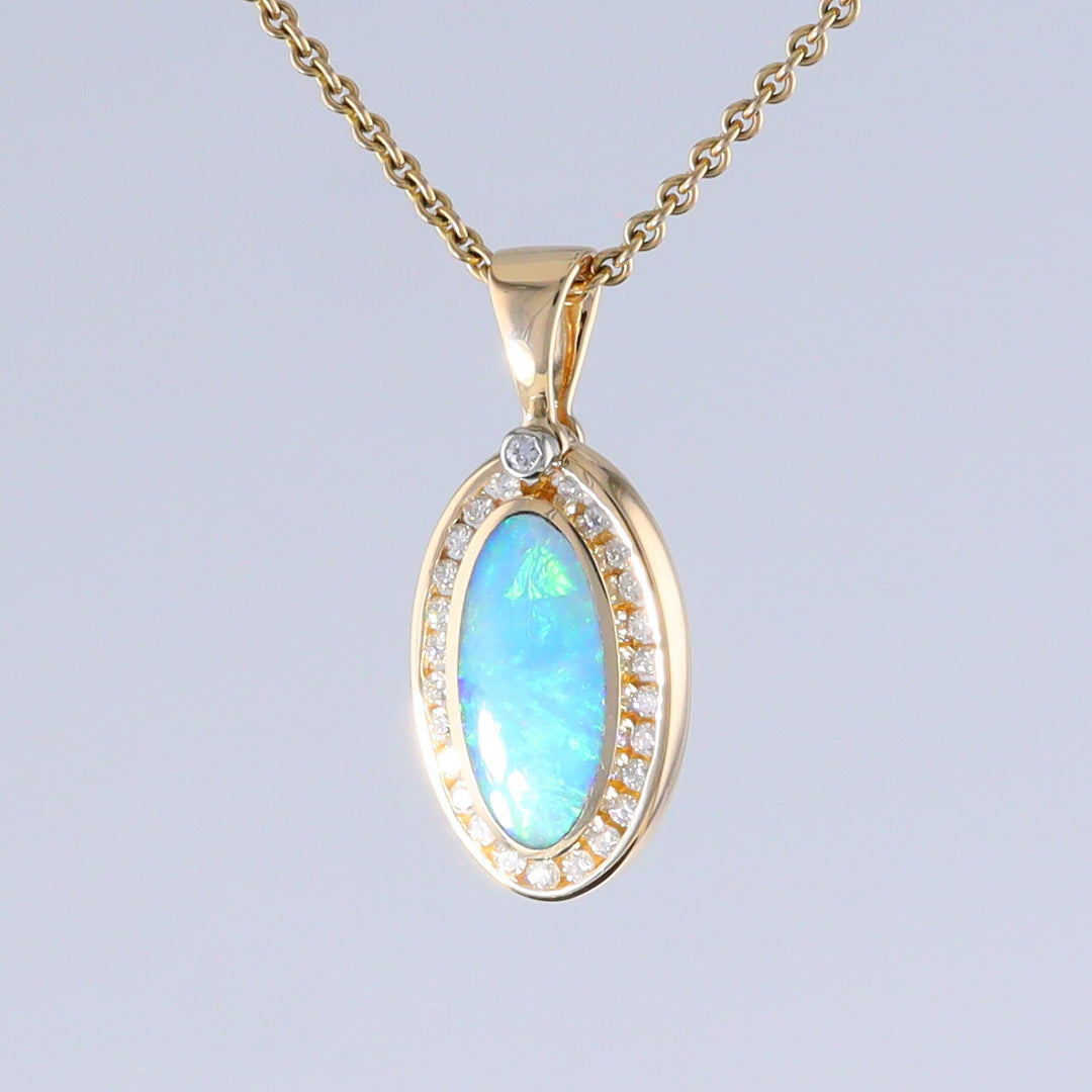 Opal Pendant Oval Inlaid Design with .37ctw Round Diamonds Halo