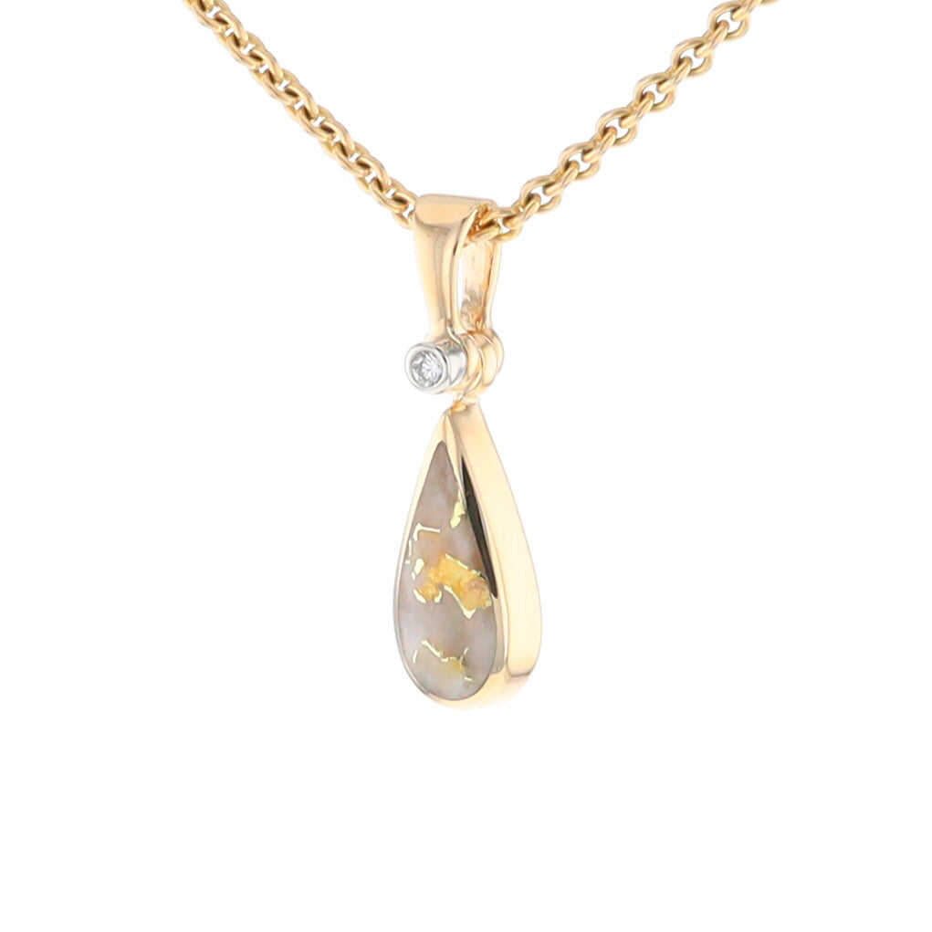 Gold Quartz Pendant Tear Drop Inlaid Design with .02ct Diamond