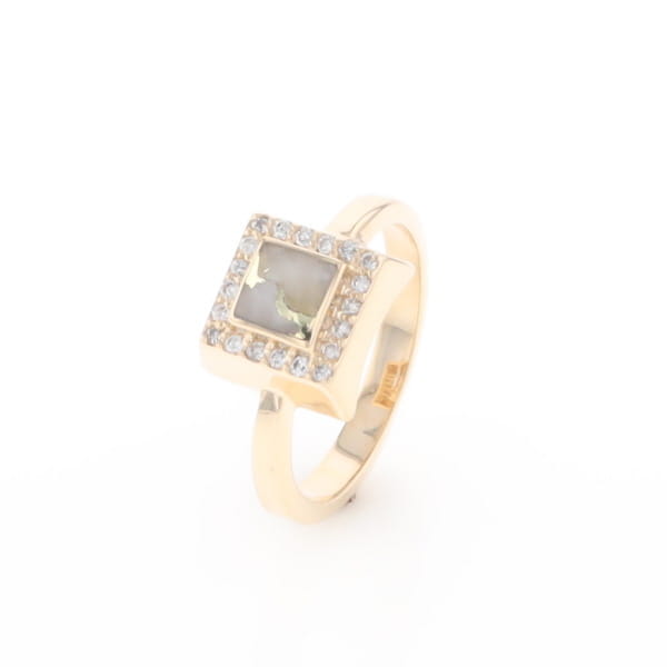 Gold Quartz Ring Square Inlaid Halo .14ctw Diamonds Design