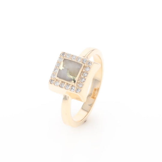 Gold Quartz Ring Square Inlaid Halo .14ctw Diamonds Design
