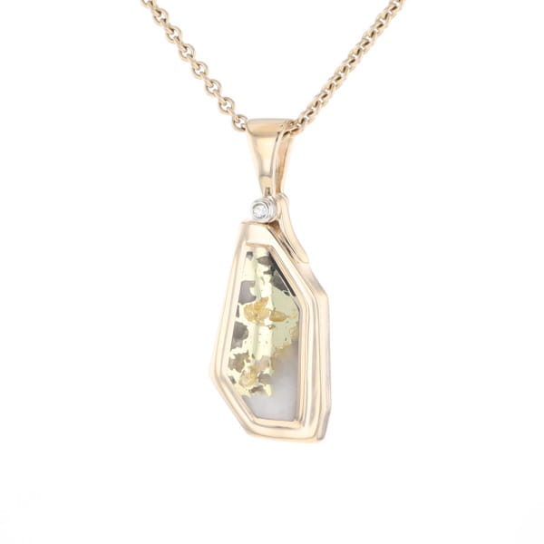 Gold Quartz Necklace .02ct Diamond Geometric Inlaid Design Pendant
