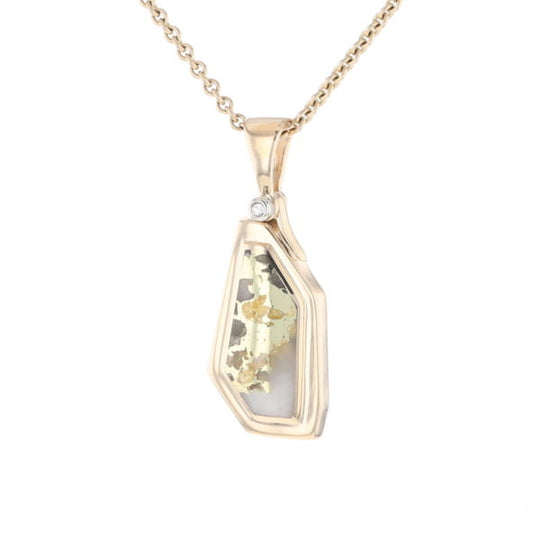 Gold Quartz Necklace .02ct Diamond Geometric Inlaid Design Pendant