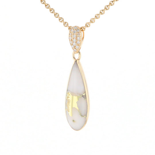 Gold Quartz Necklace, Tear Drop Inlaid Design with 0.11ctw Diamond Pave Pendant G2