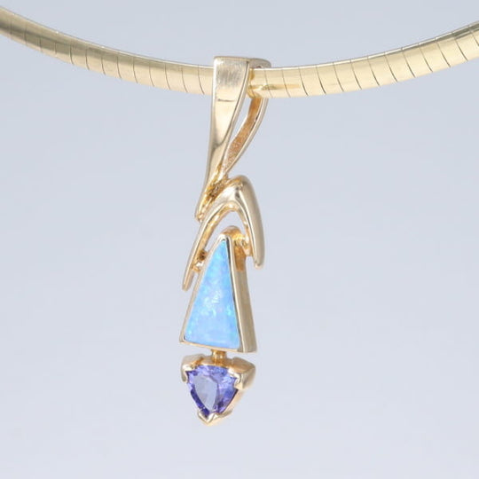 Opal Pendant Triangle Inlaid Design with Trillion Cut Tanzanite