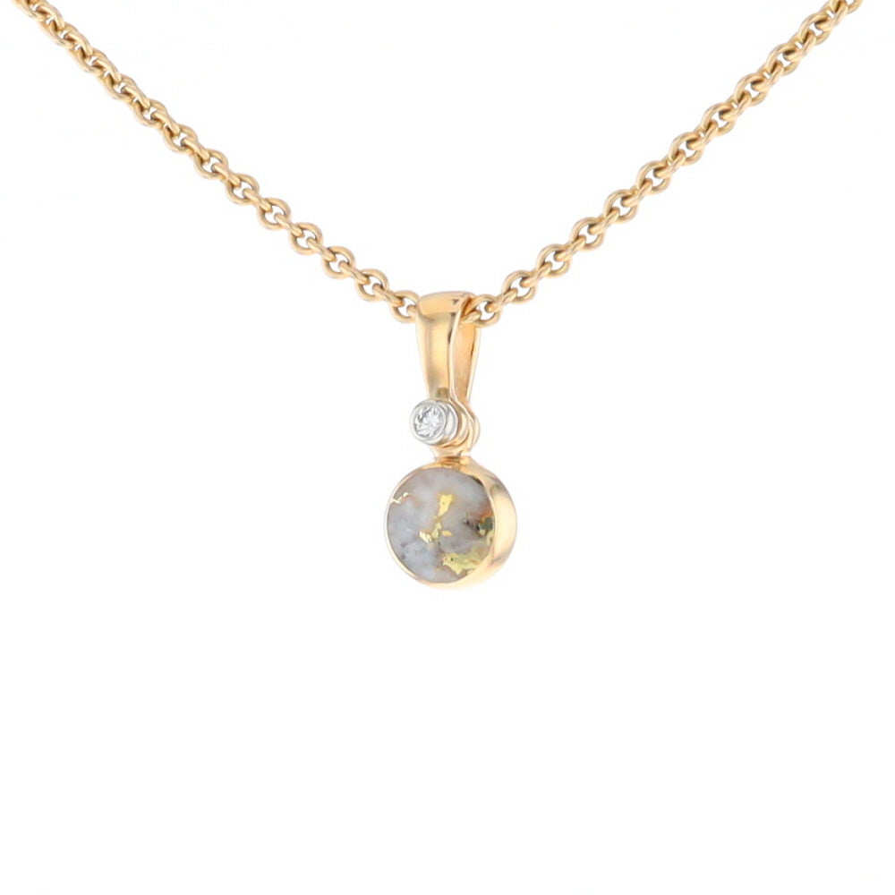 Gold Quartz Necklace Round Inlaid Pendant with .02ct Round Diamond