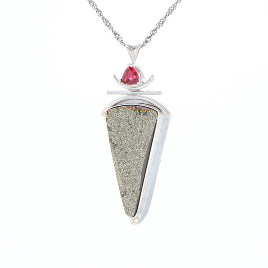 Druzy Quartz & Pink Trillion Tourmaline Pendant