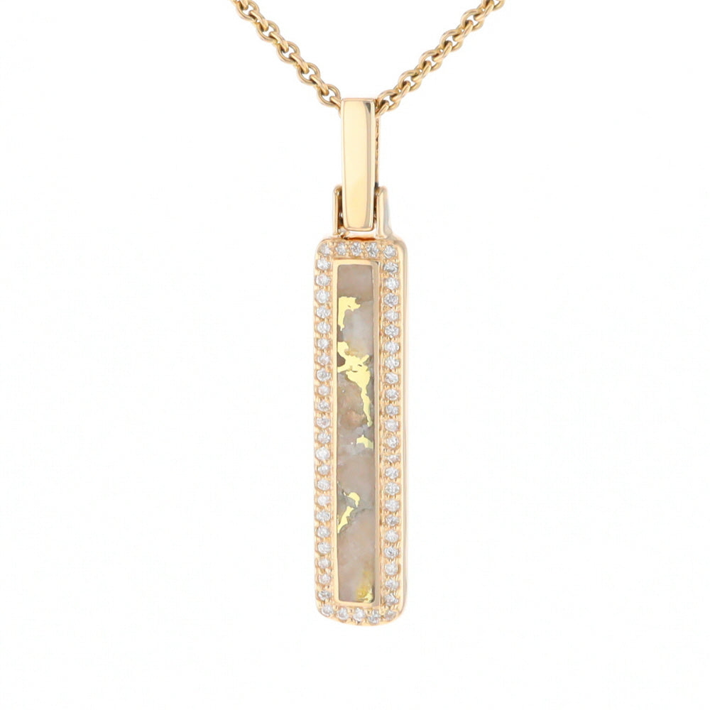 Gold Quartz Necklace, Rectangle Inlaid, .27ctw Diamond Halo Pendant