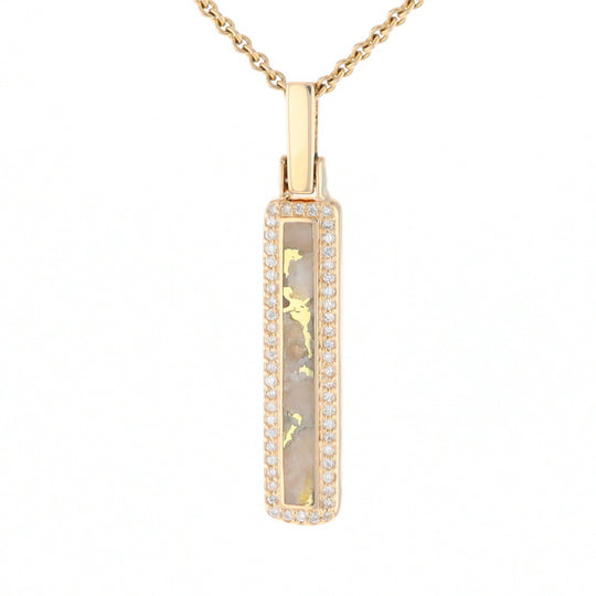 Gold Quartz Necklace, Rectangle Inlaid, .27ctw Diamond Halo Pendant