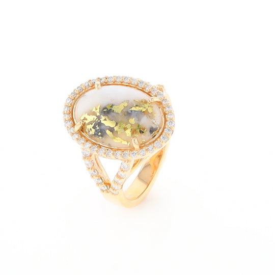 Gold Quartz Ring Oval Cabochon 0.65ctw Round Diamonds Halo (G2)