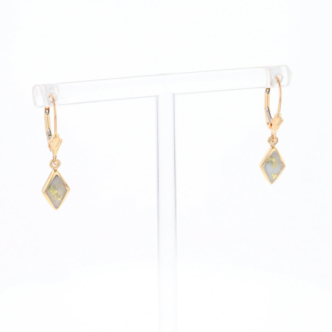 Gold Quartz Earrings Diamond Shape Inlaid Lever Backs G1