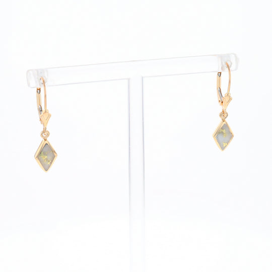 Gold Quartz Earrings Diamond Shape Inlaid Lever Backs G1