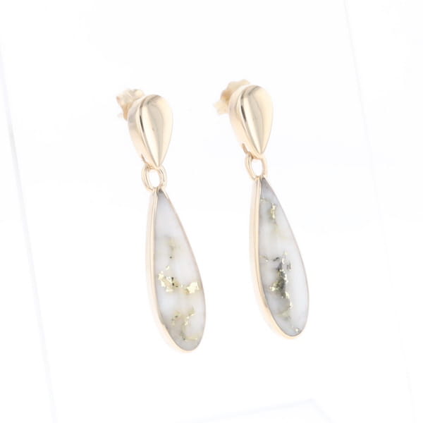 Gold Quartz Earrings Tear Drop Inlaid Design