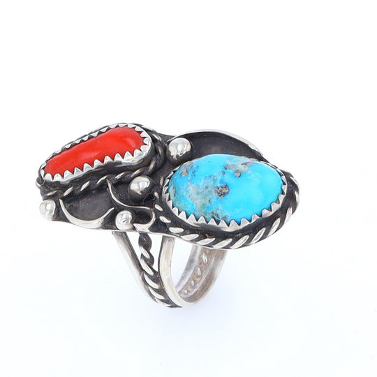 Freeform Turquoise and Coral Silver Rope Ring