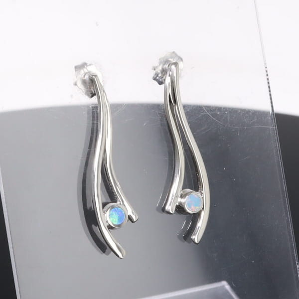 Opal Earrings Round Inlaid Double Curved Bar Design Studs