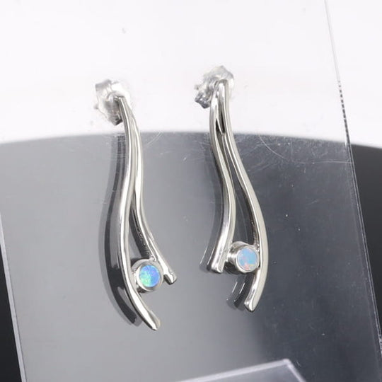 Opal Earrings Round Inlaid Double Curved Bar Design Studs