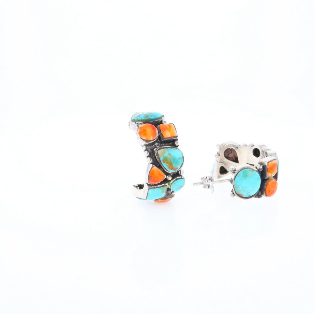 Turquoise & Spiny Oyster Semi-Hoop Stud Earrings