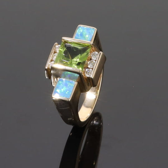 Opal Rings 2 Square Inlaid Peridot with 0.24ctw Diamonds