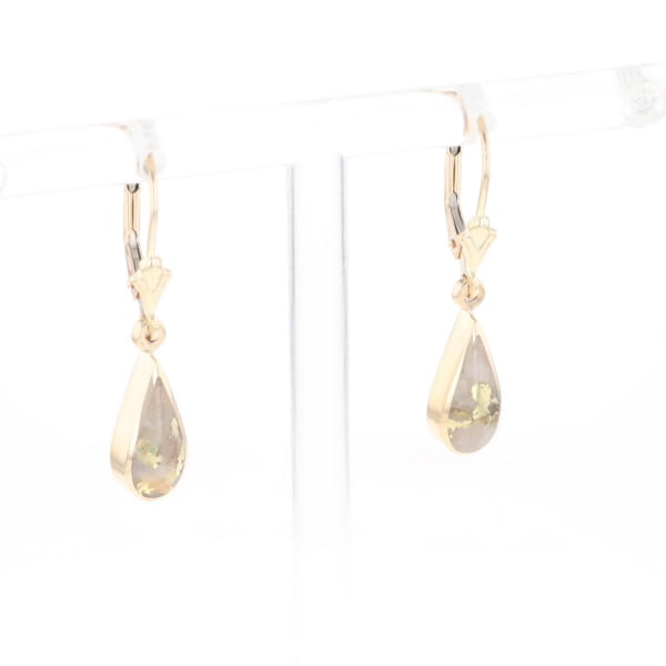 Gold Quartz Earrings Tear Drop Inlaid Lever Backs - G3