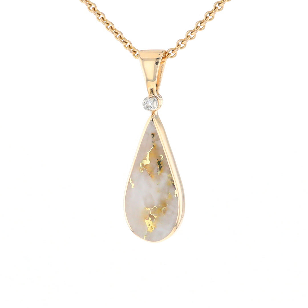 Gold Quartz Necklace Tear Drop Inlaid Pendant with .02ct Diamond